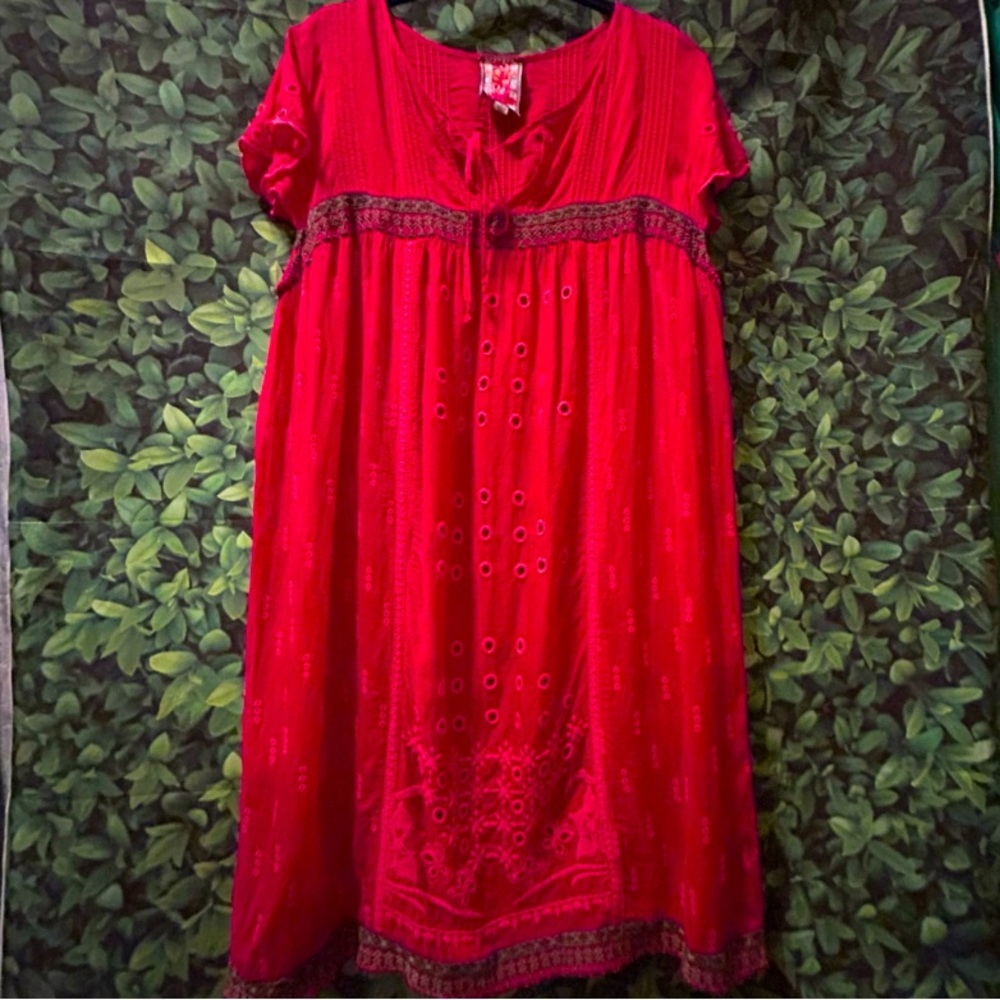 Johnny Was Vibrant Red Embroidered Eyelet Tunic Dress Boho Festival HTF